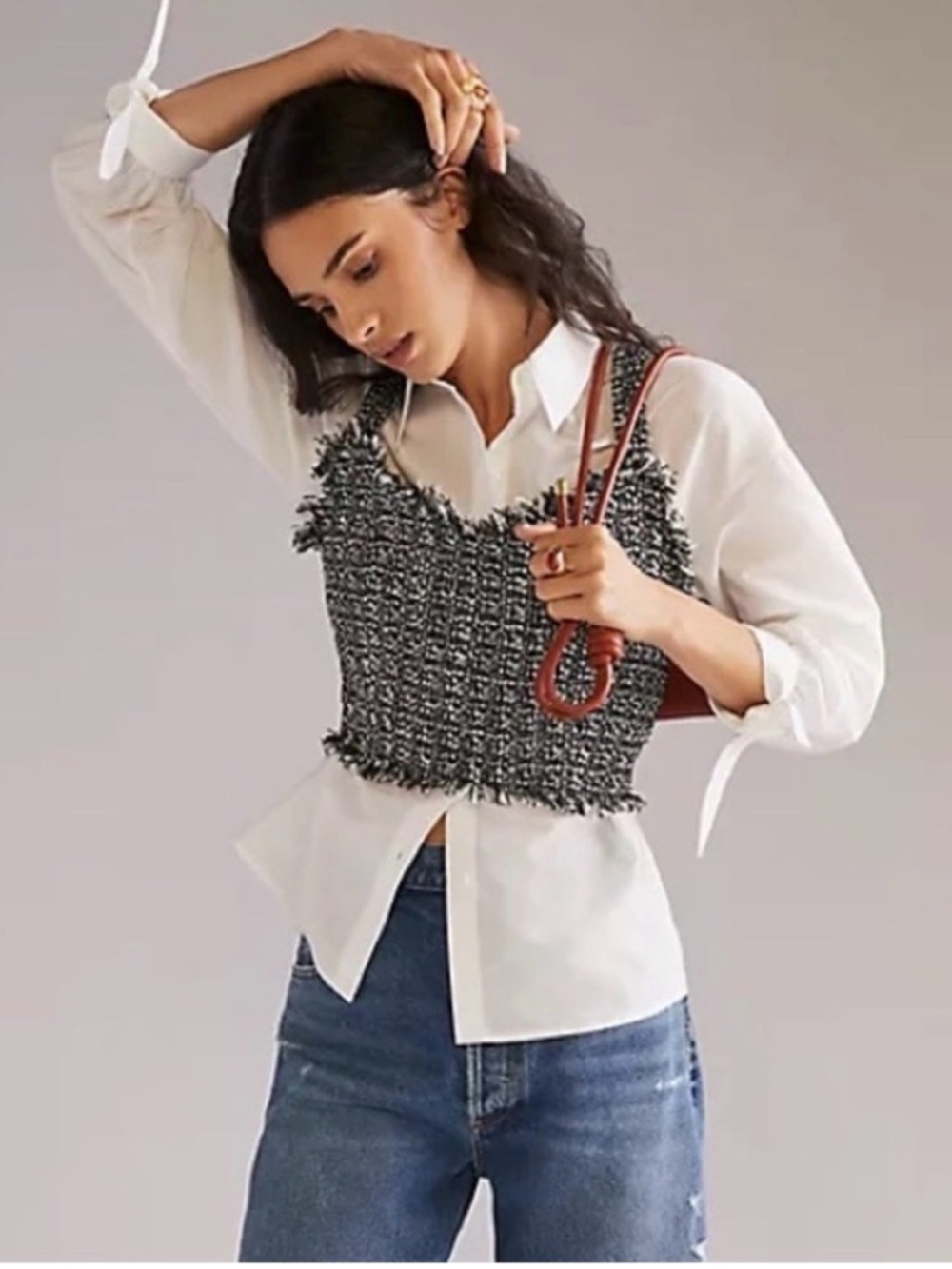 Mare Mare x Anthropologie black white tweed crop top fringe trim xs extra small